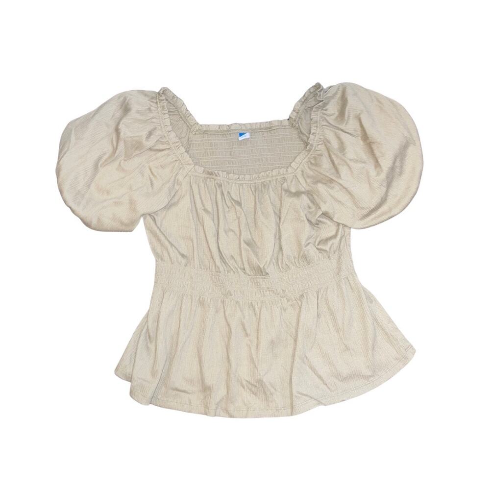 Old Navy Sage Short Puff Sleeve Smocked Babydoll Blouse SZ M Cottage Milkmaid